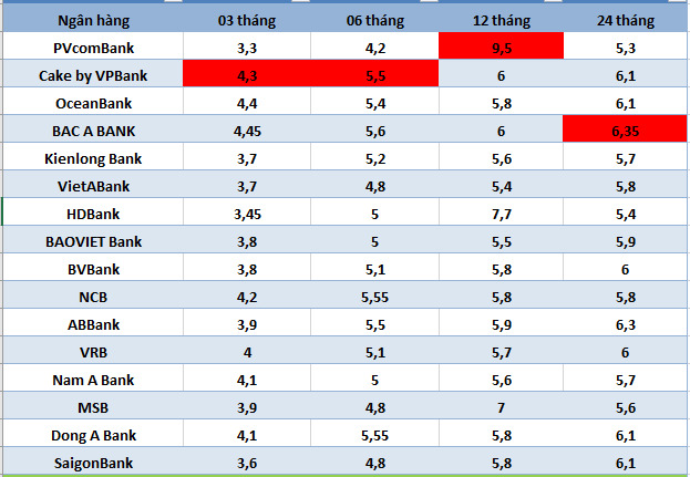 Top ngân hàng có lãi suất cao nhất thị trường hiện nay. Đồ họa: Hà Vy