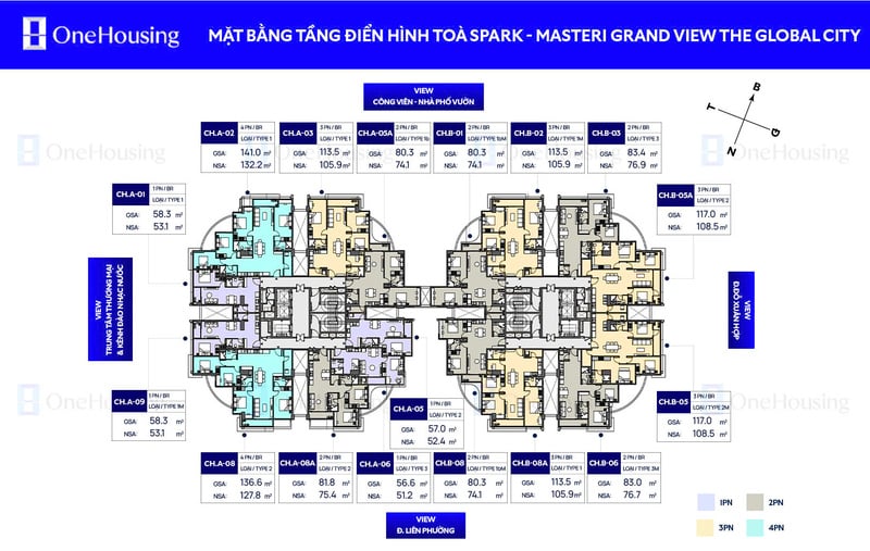 Mặt bằng tầng tòa Spark thuộc Masteri Grand View - The Global City (Nguồn: OneHousing)