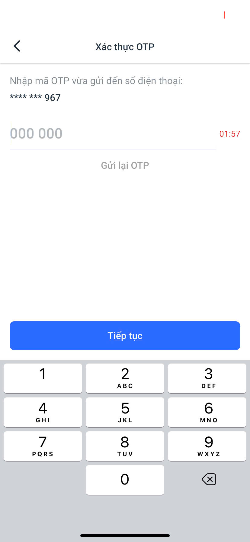 Nhập mã OTP được gửi đến số điện thoại để xác thực tài khoản