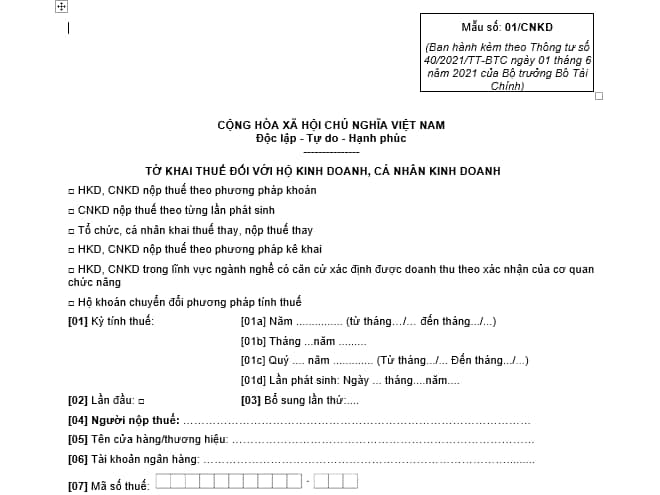 Mẫu tờ khai thuế khoán