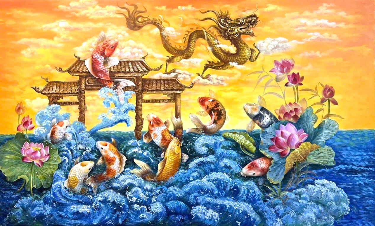 Tranh cá chép vượt vũ môn biểu tượng thăng tiến phù hợp cho mệnh Thủy