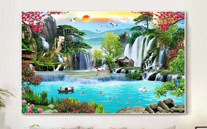 Dòng nước chảy trong tranh tượng trưng cho tiền tài luân chuyển, vận may tuôn trào liên tục