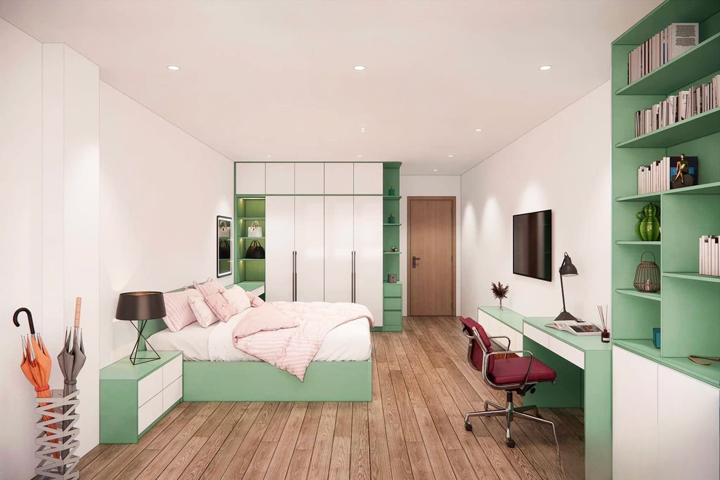 Màu trung tính kết hợp với xanh lá tạo cảm giác thư giãn cho phòng ngủ Mậu Ngọ 1978