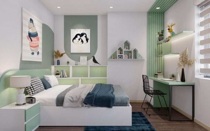 Sử dụng tông xanh lá giúp không gian phòng bé Tân Mão 2011 tươi mới, năng lượng tích cực