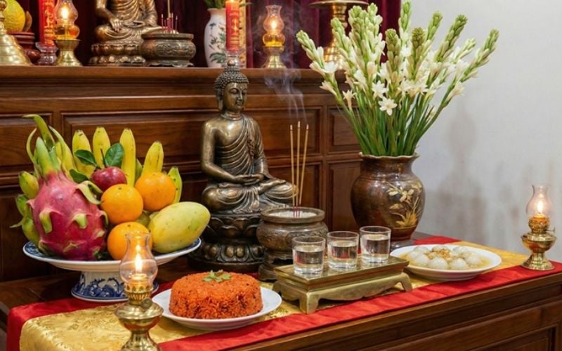 Chuẩn bị bàn thờ và lễ vật thể hiện lòng thành để cúng rằm tháng 10