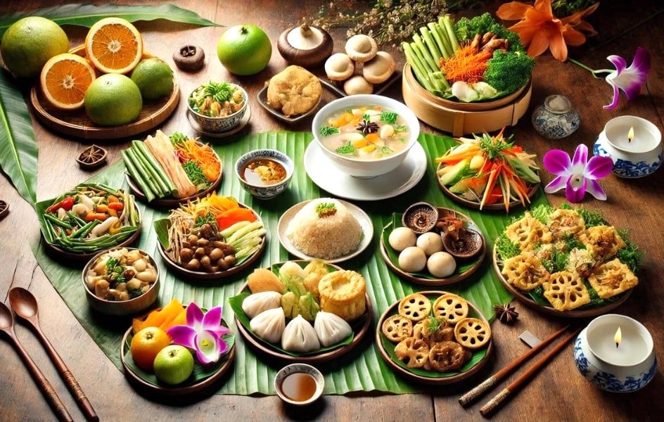 Mâm cúng đồ ăn chay thể hiện tinh thần hướng thiện