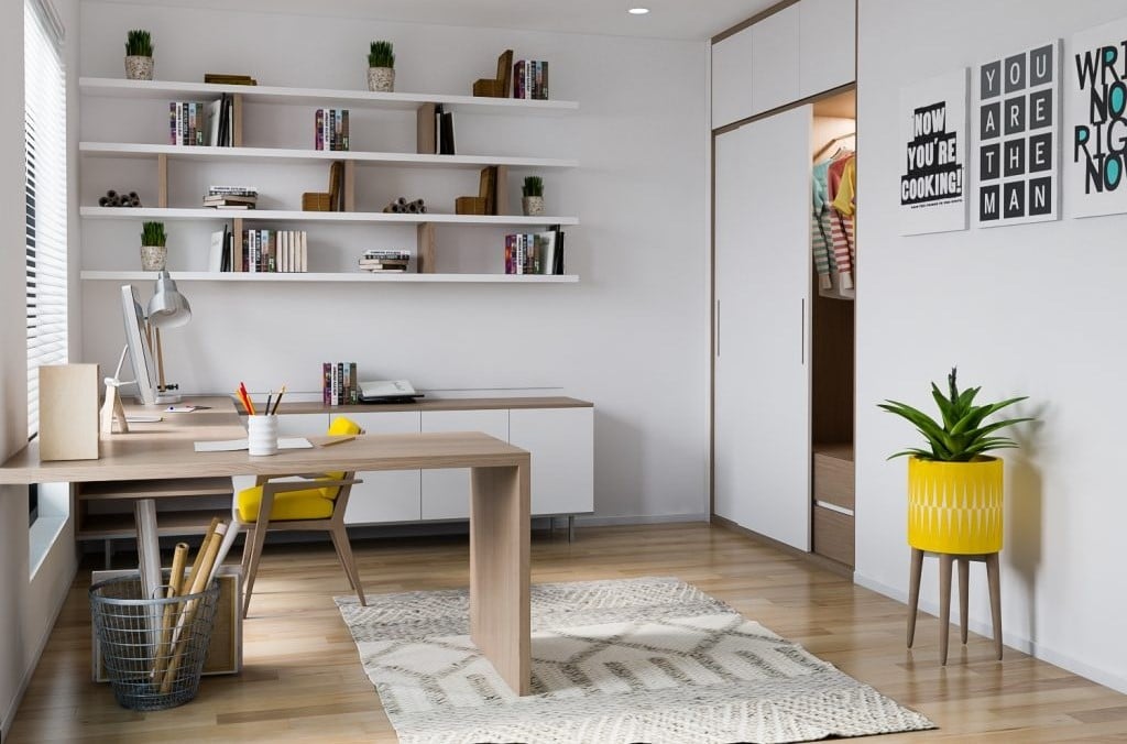 Bàn làm việc nên có điểm tựa vững chắc phía sau như tường hoặc tủ thấp