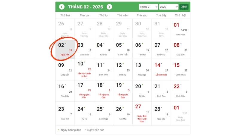 Rằm tháng 12 âm lịch 2025 rơi vào ngày 02/02/2026 dương lịch