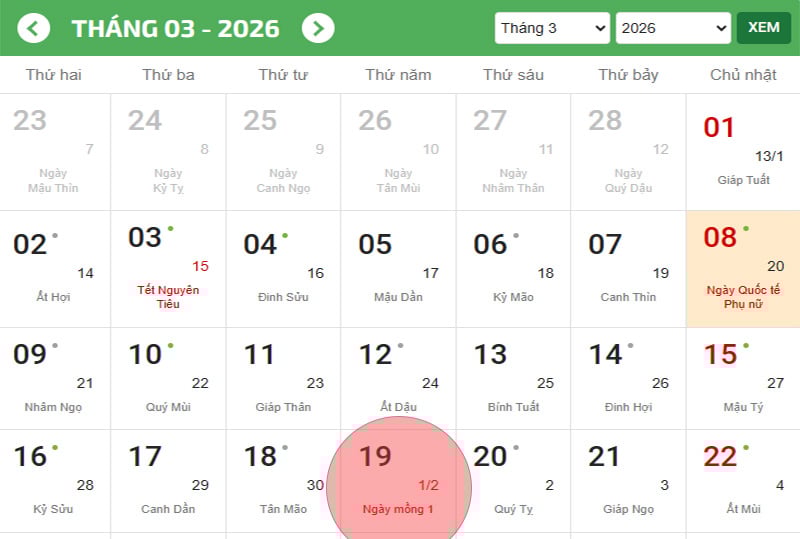 Ngày mùng 1 tháng 2 Âm lịch năm 2026 rơi vào thứ Năm