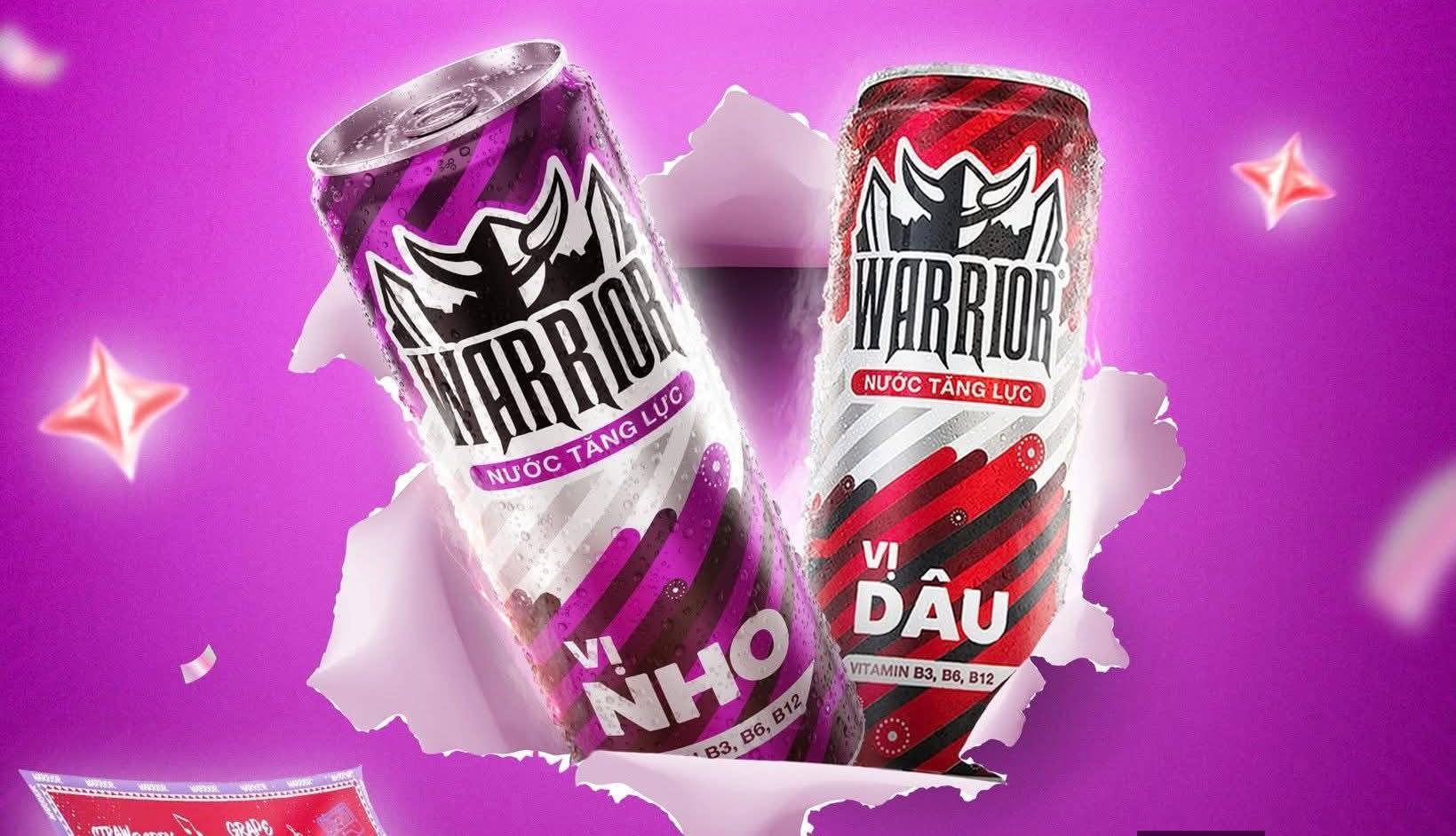 Nước ngọt có ga Warrior thiết kế lon màu bạc cùng hình ảnh chiến binh đặc trưng