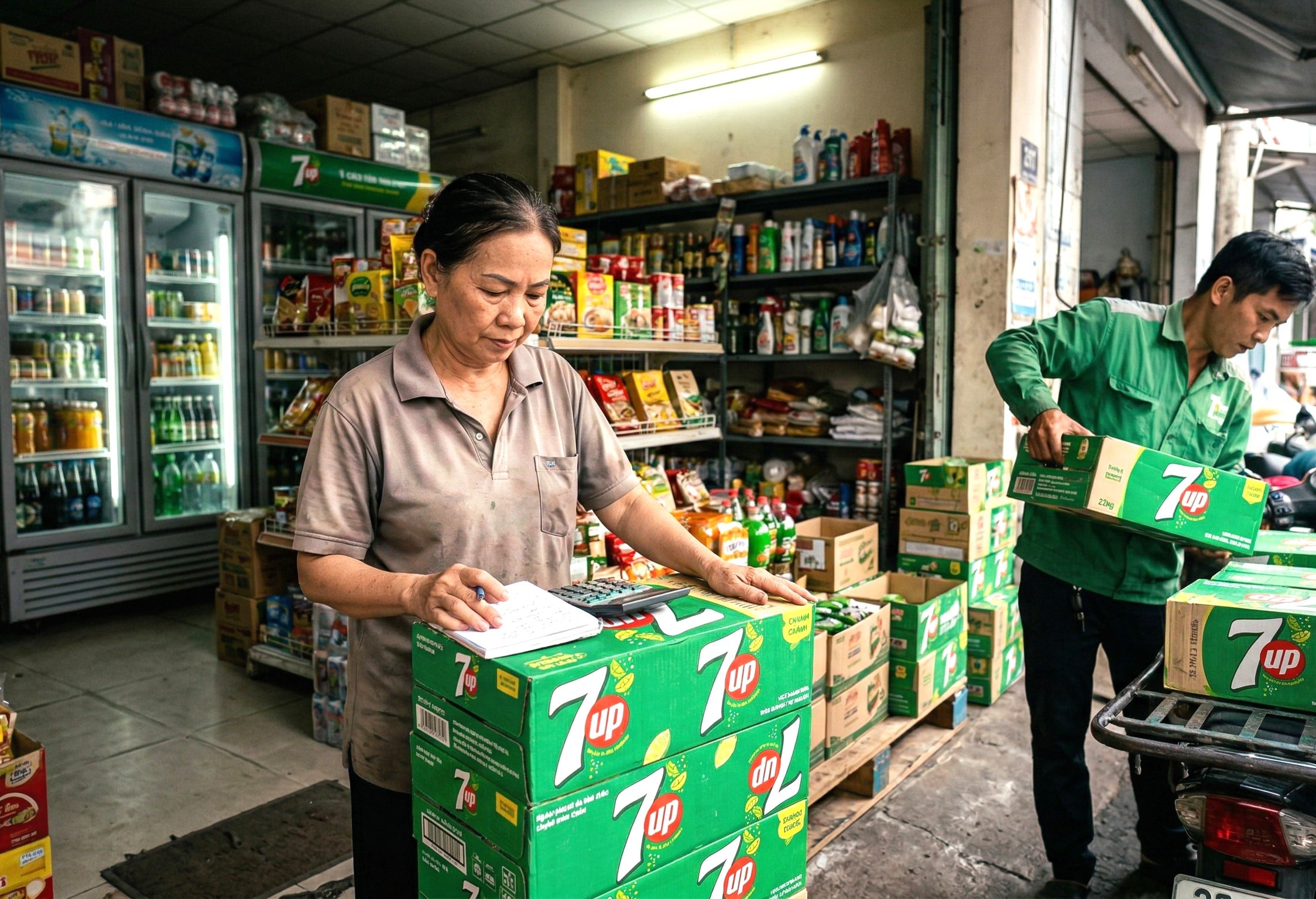 Nước ngọt có ga 7Up là sản phẩm dễ tìm mua tại hầu hết siêu thị, cửa hàng tiện lợi và tạp hóa