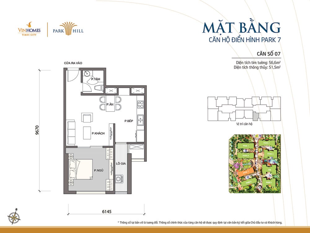 Mặt bằng căn hộ 1 phòng ngủ tòa P7 Times City